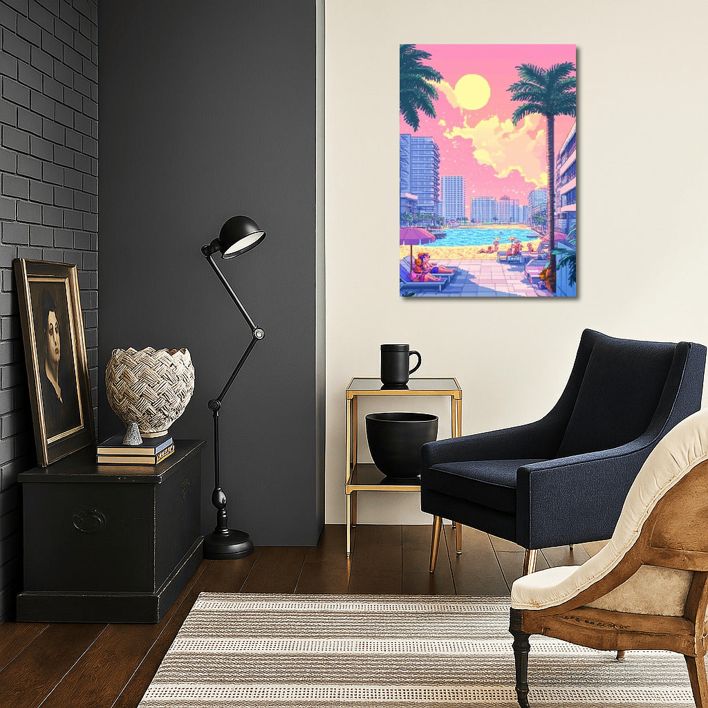 Pixel Oasis: Vintage Sun and Urban Mirages