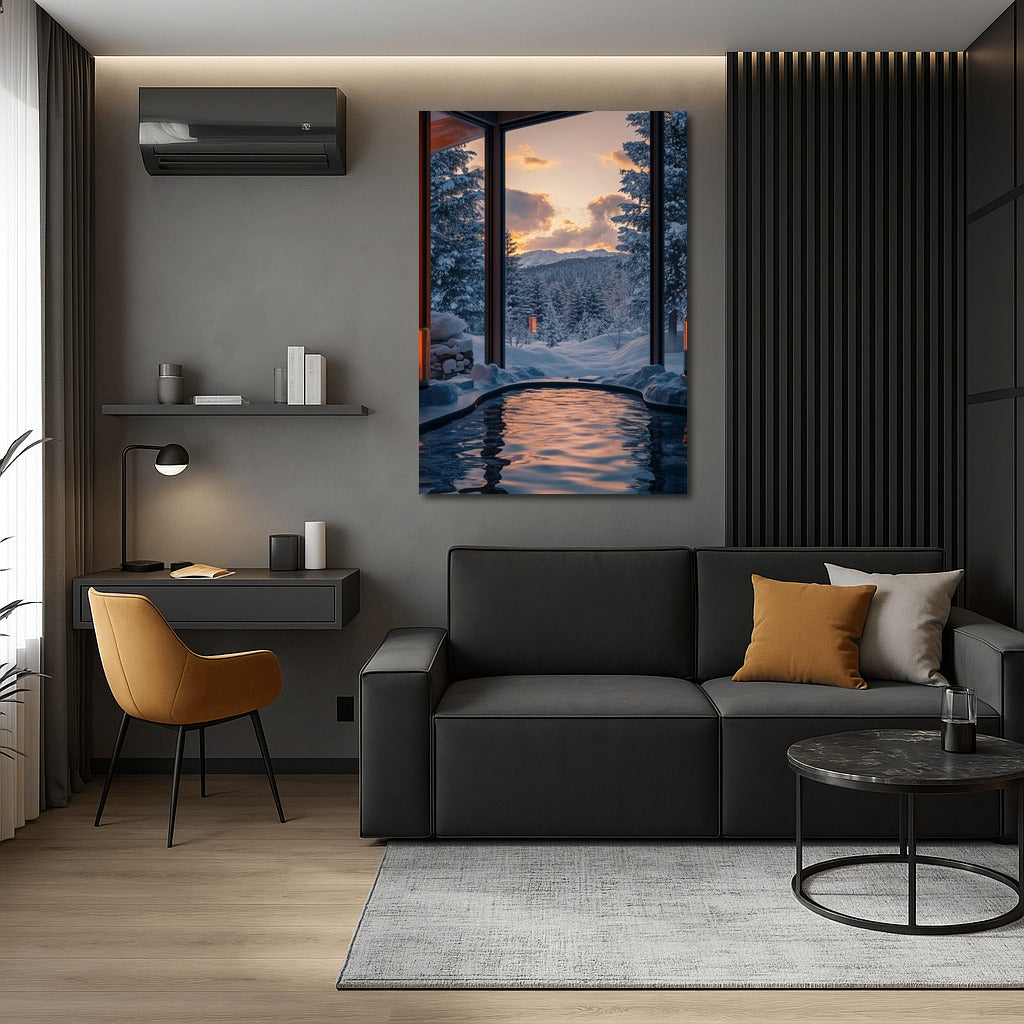 Warmth of winter twilight: view from the pool to the mountains and forest