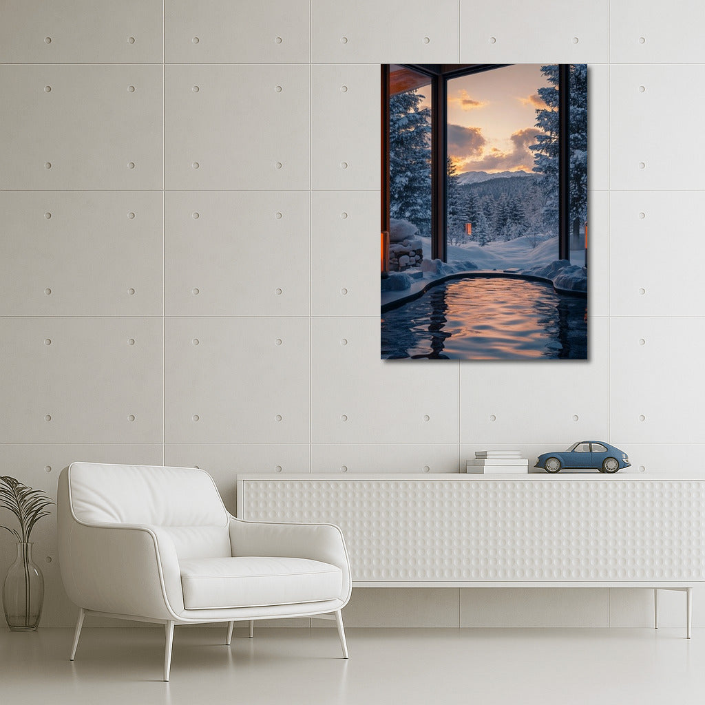 Warmth of winter twilight: view from the pool to the mountains and forest