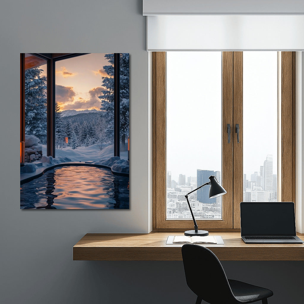 Warmth of winter twilight: view from the pool to the mountains and forest