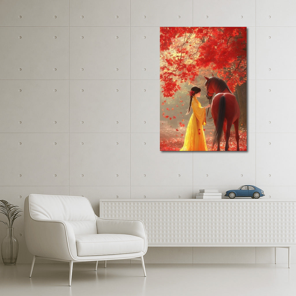 Autumn Waltz: Girl and Horse in the Dance of Leaves