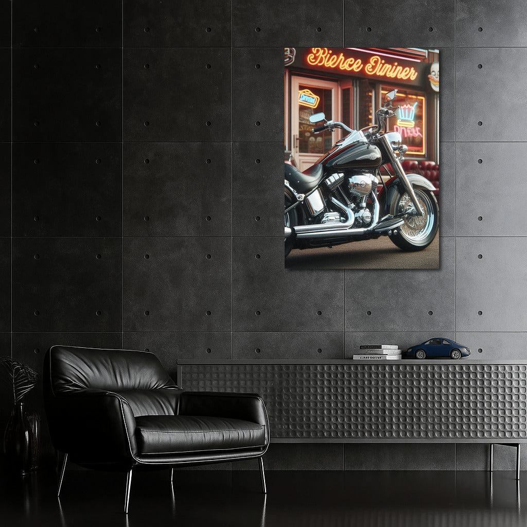 Cruiser Motorcycle at Retro Cafe: Style and Speed on the Wall