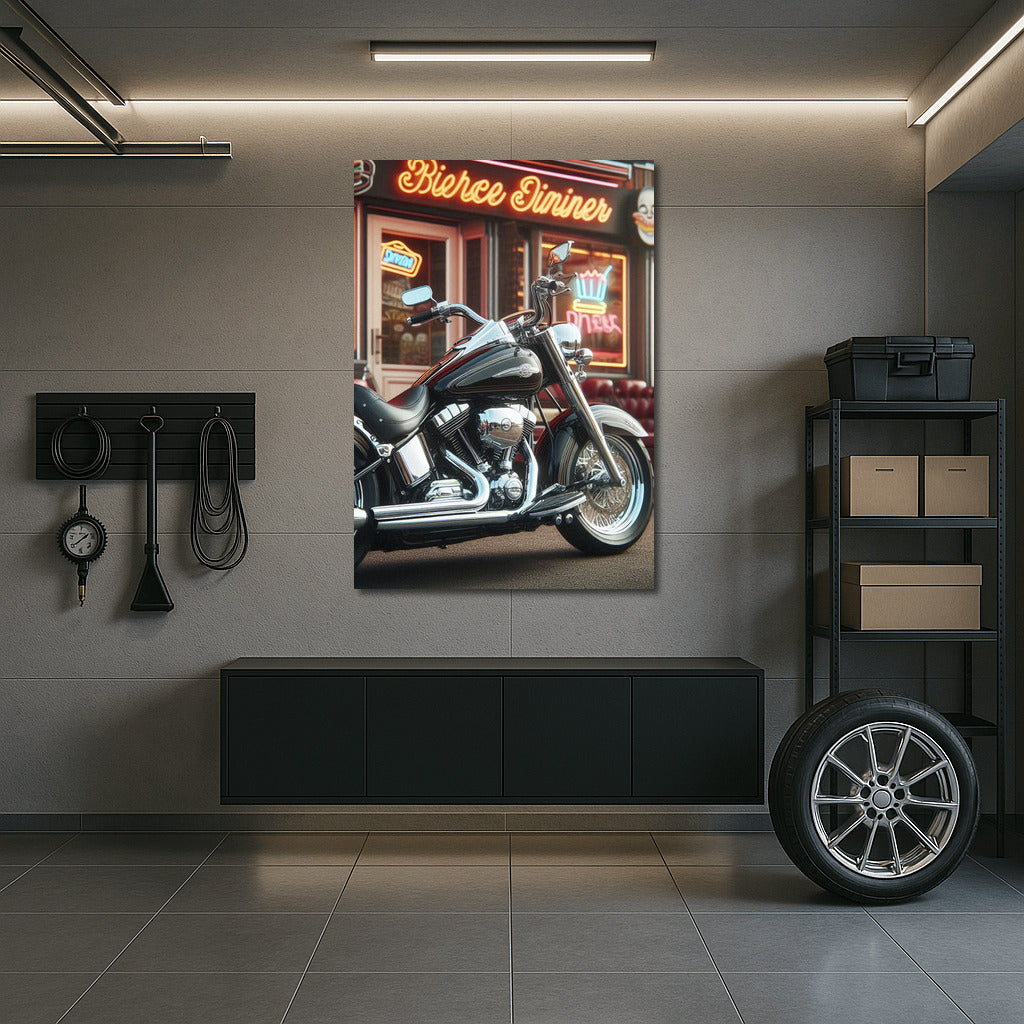 Cruiser Motorcycle at Retro Cafe: Style and Speed on the Wall