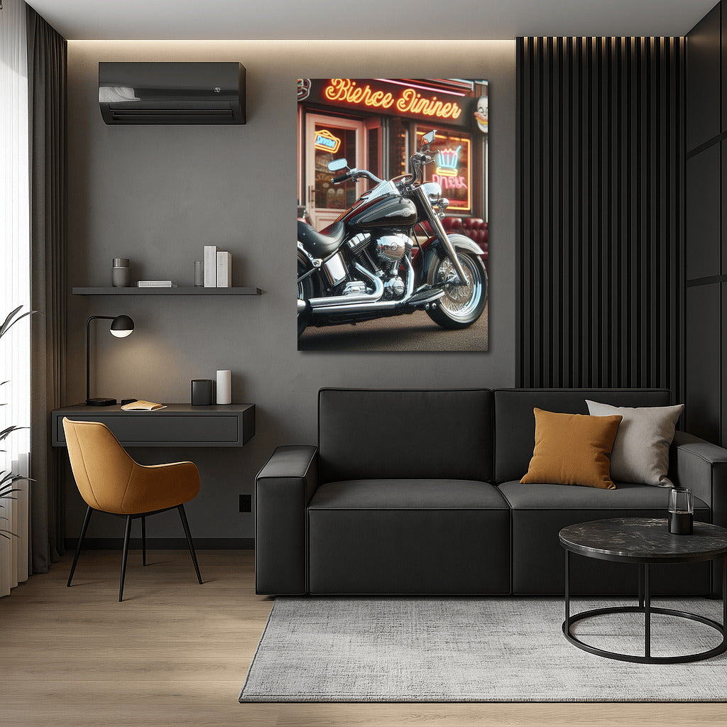 Cruiser Motorcycle at Retro Cafe: Style and Speed on the Wall