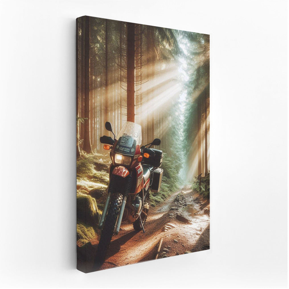 Motorcycle in the Forest Fairytale: Sunbeams on the Adventure Trail