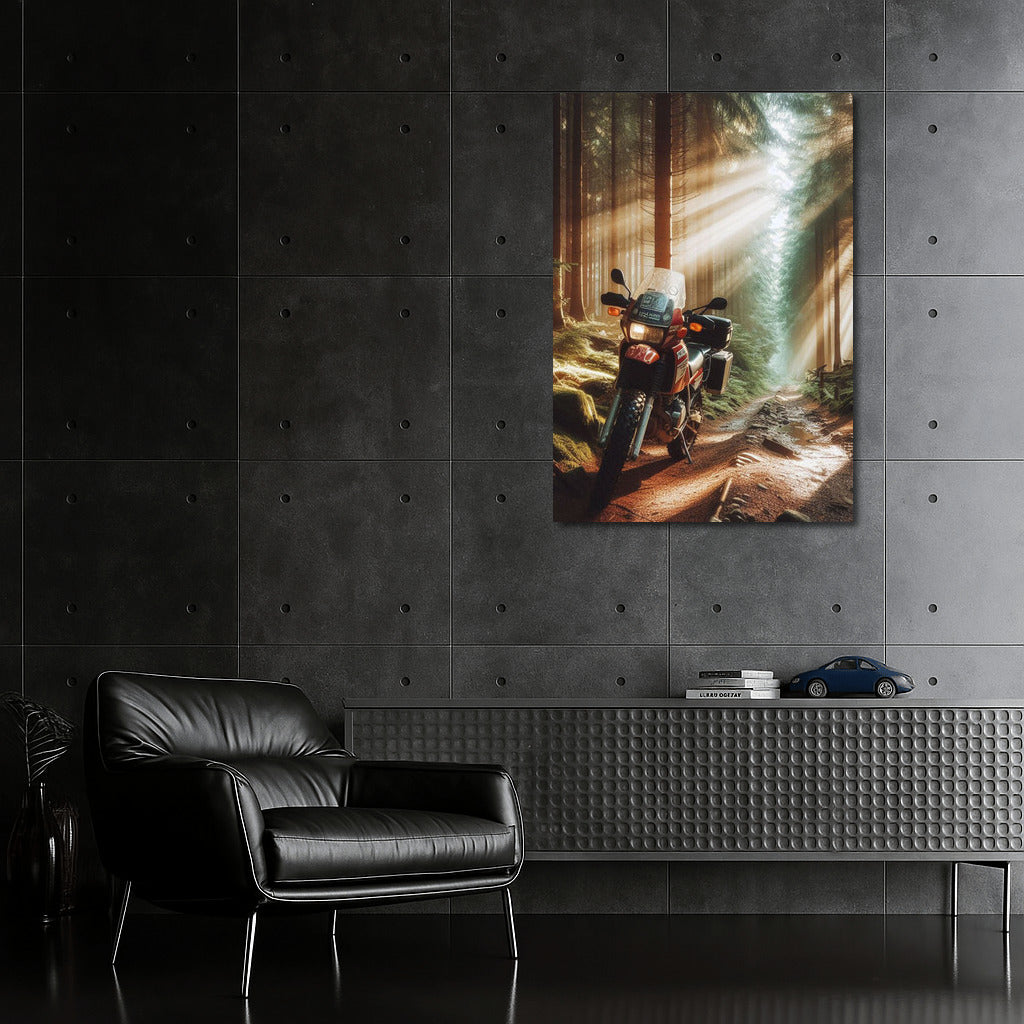 Motorcycle in the Forest Fairytale: Sunbeams on the Adventure Trail