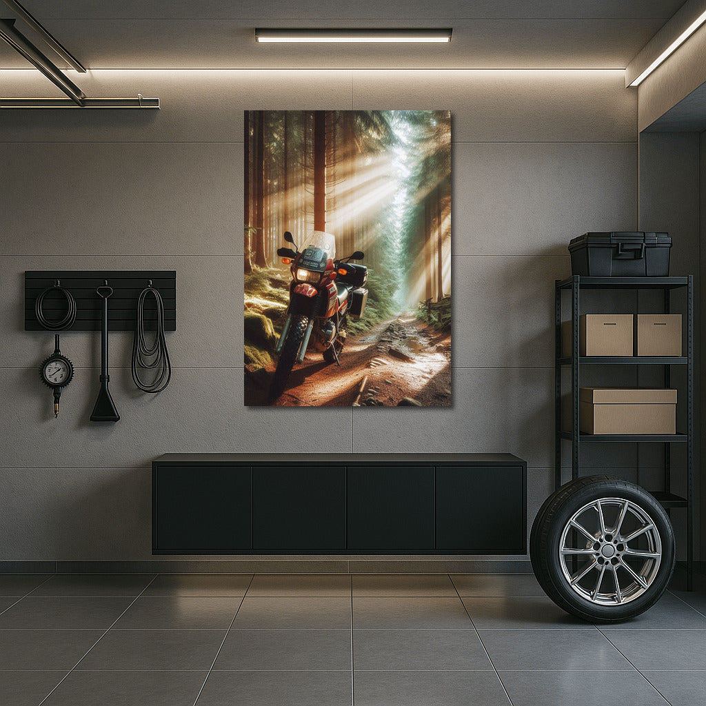 Motorcycle in the Forest Fairytale: Sunbeams on the Adventure Trail