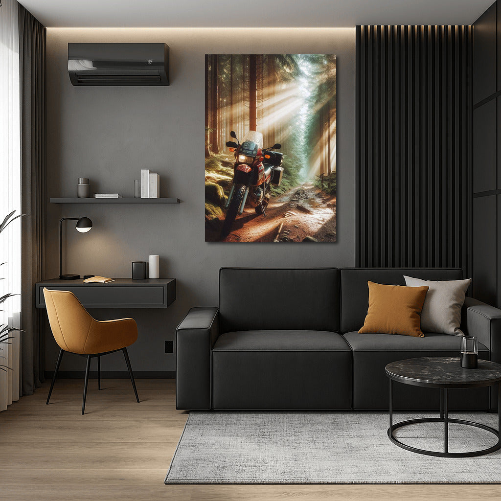 Motorcycle in the Forest Fairytale: Sunbeams on the Adventure Trail