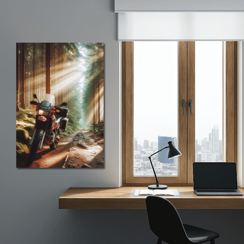 Motorcycle in the Forest Fairytale: Sunbeams on the Adventure Trail