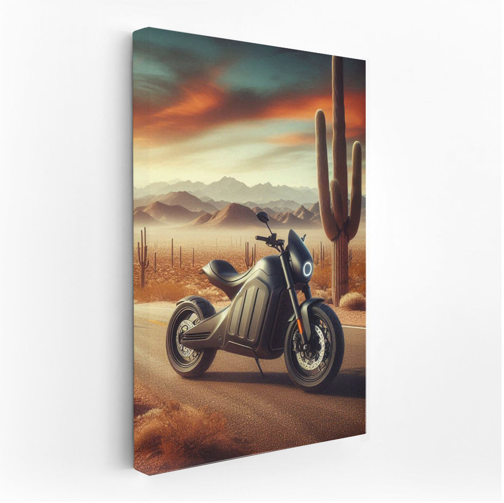 Electric Motorcycle in the Desert: The Road to the Horizon Among the Cacti