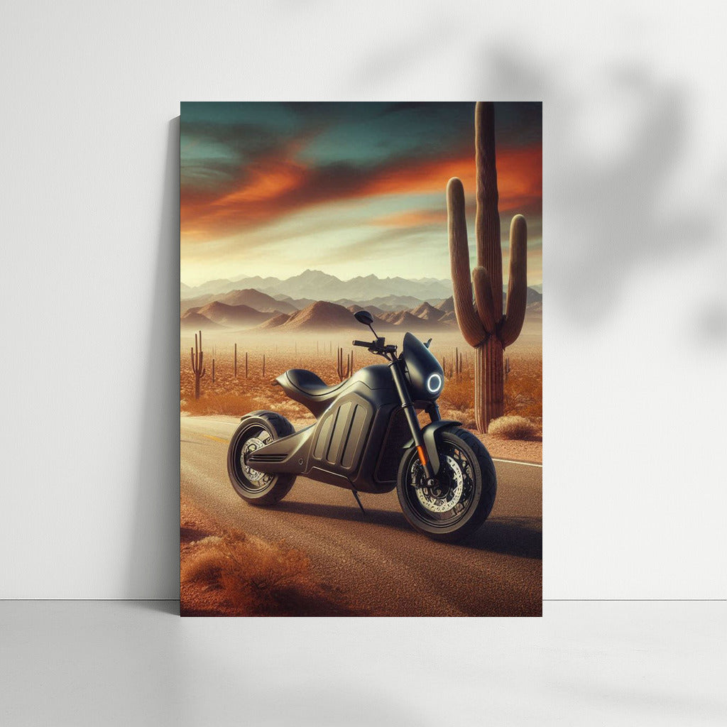 Electric Motorcycle in the Desert: The Road to the Horizon Among the Cacti