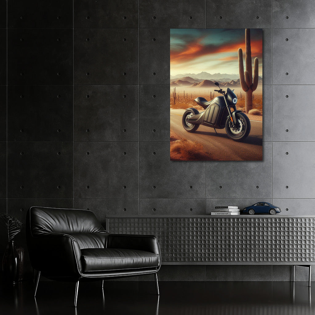 Electric Motorcycle in the Desert: The Road to the Horizon Among the Cacti