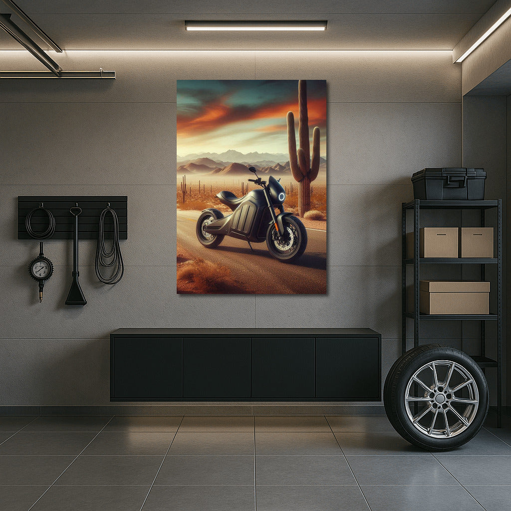 Electric Motorcycle in the Desert: The Road to the Horizon Among the Cacti