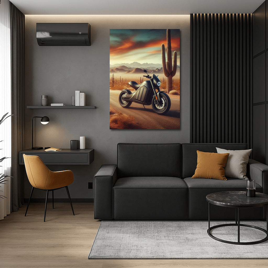 Electric Motorcycle in the Desert: The Road to the Horizon Among the Cacti