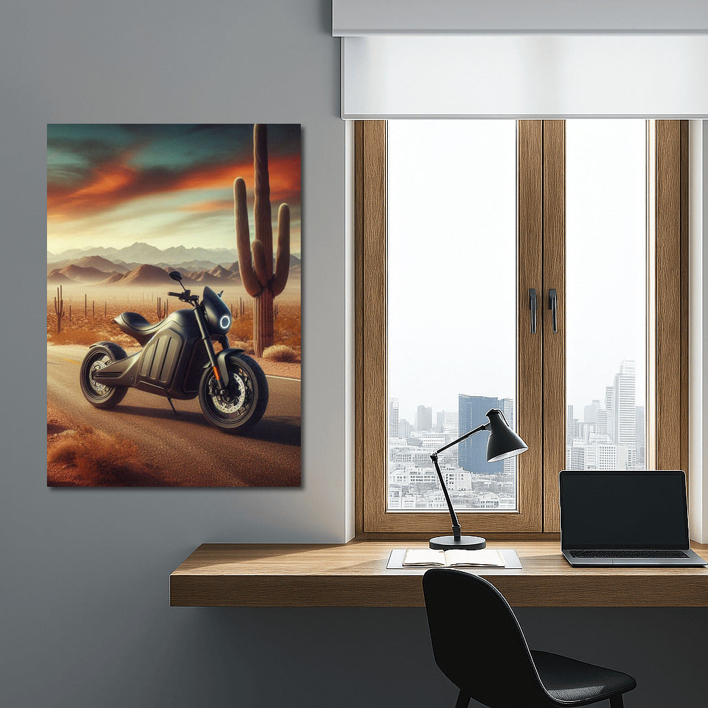 Electric Motorcycle in the Desert: The Road to the Horizon Among the Cacti