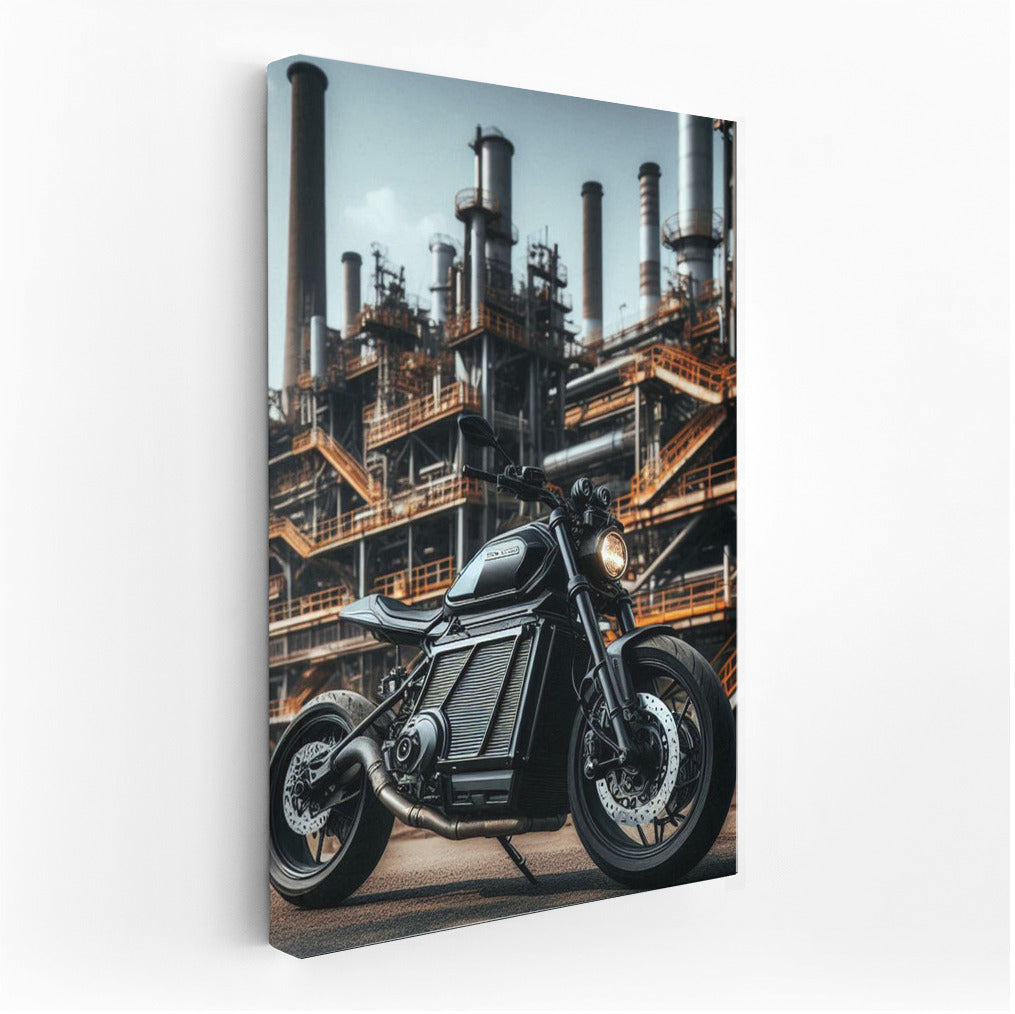 Electric Motorcycle in Industrial Zone: Speed and Modernity