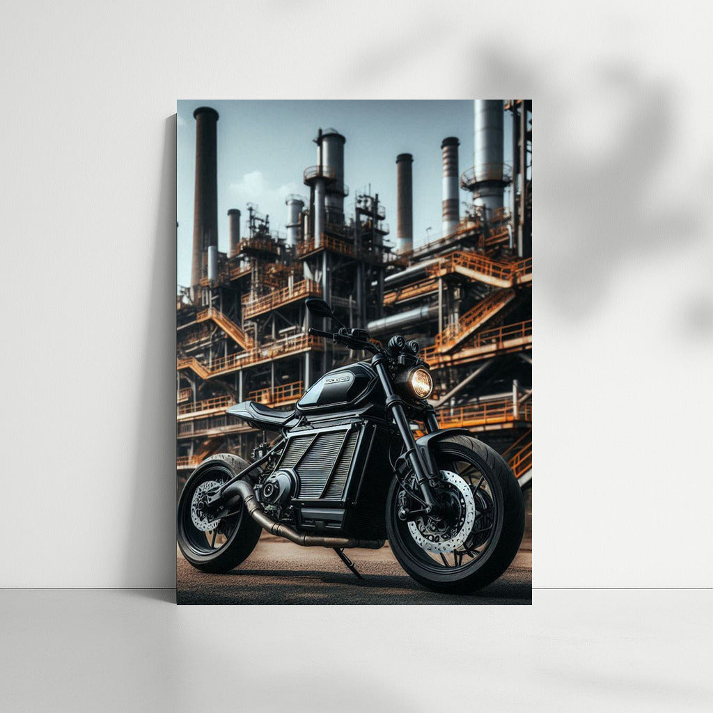 Electric Motorcycle in Industrial Zone: Speed and Modernity