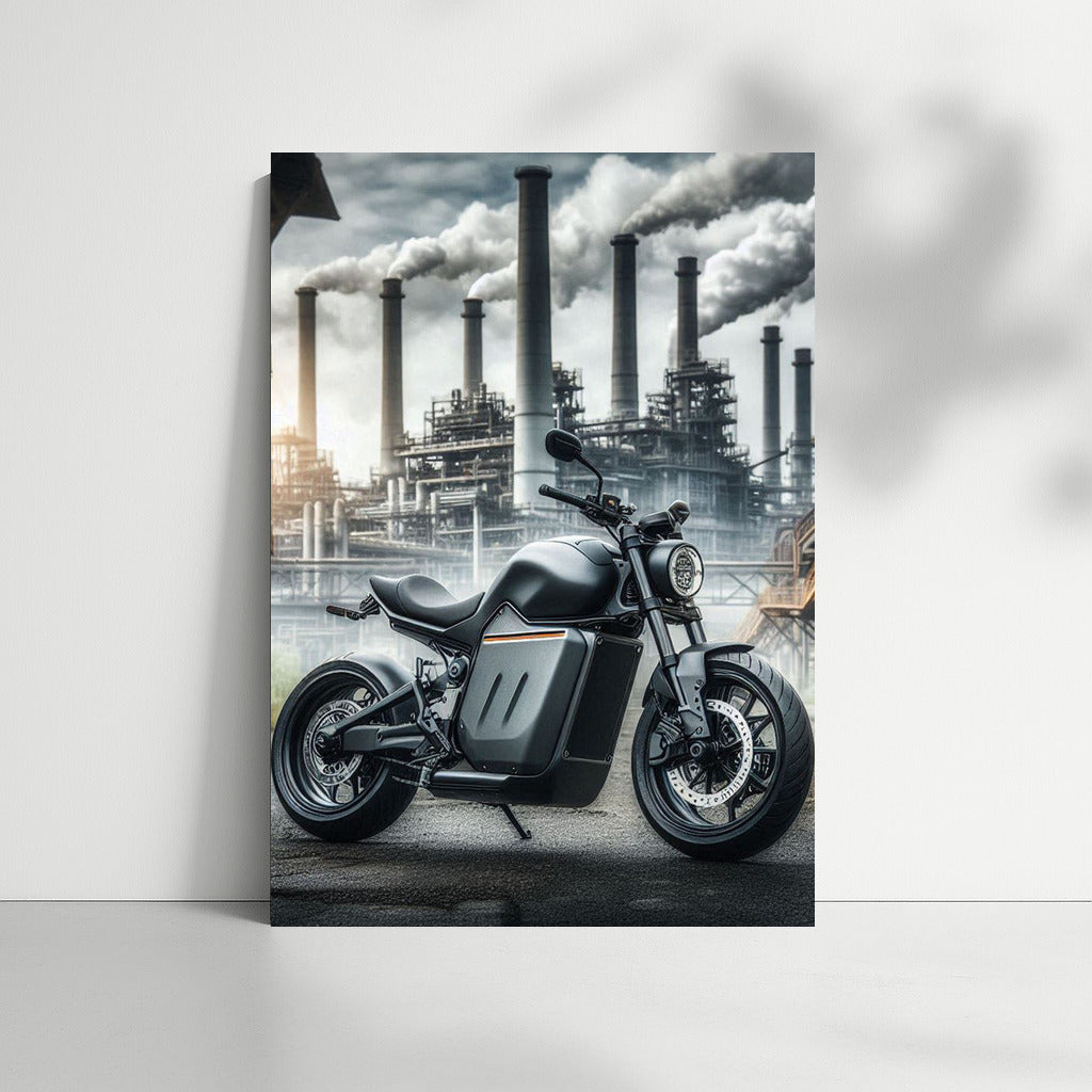 Electric Motorcycle in Industrial Landscape: Technological Energy