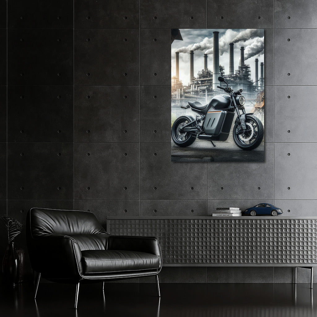 Electric Motorcycle in Industrial Landscape: Technological Energy