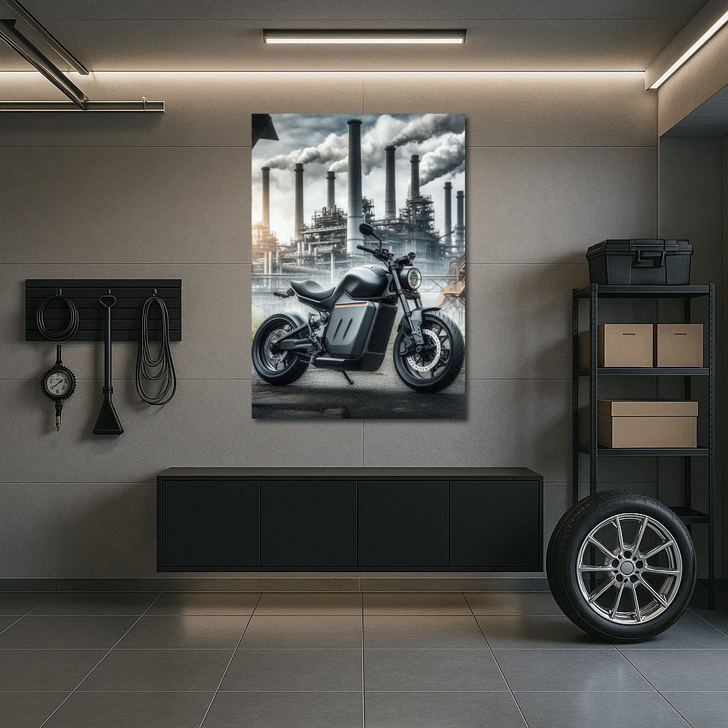 Electric Motorcycle in Industrial Landscape: Technological Energy