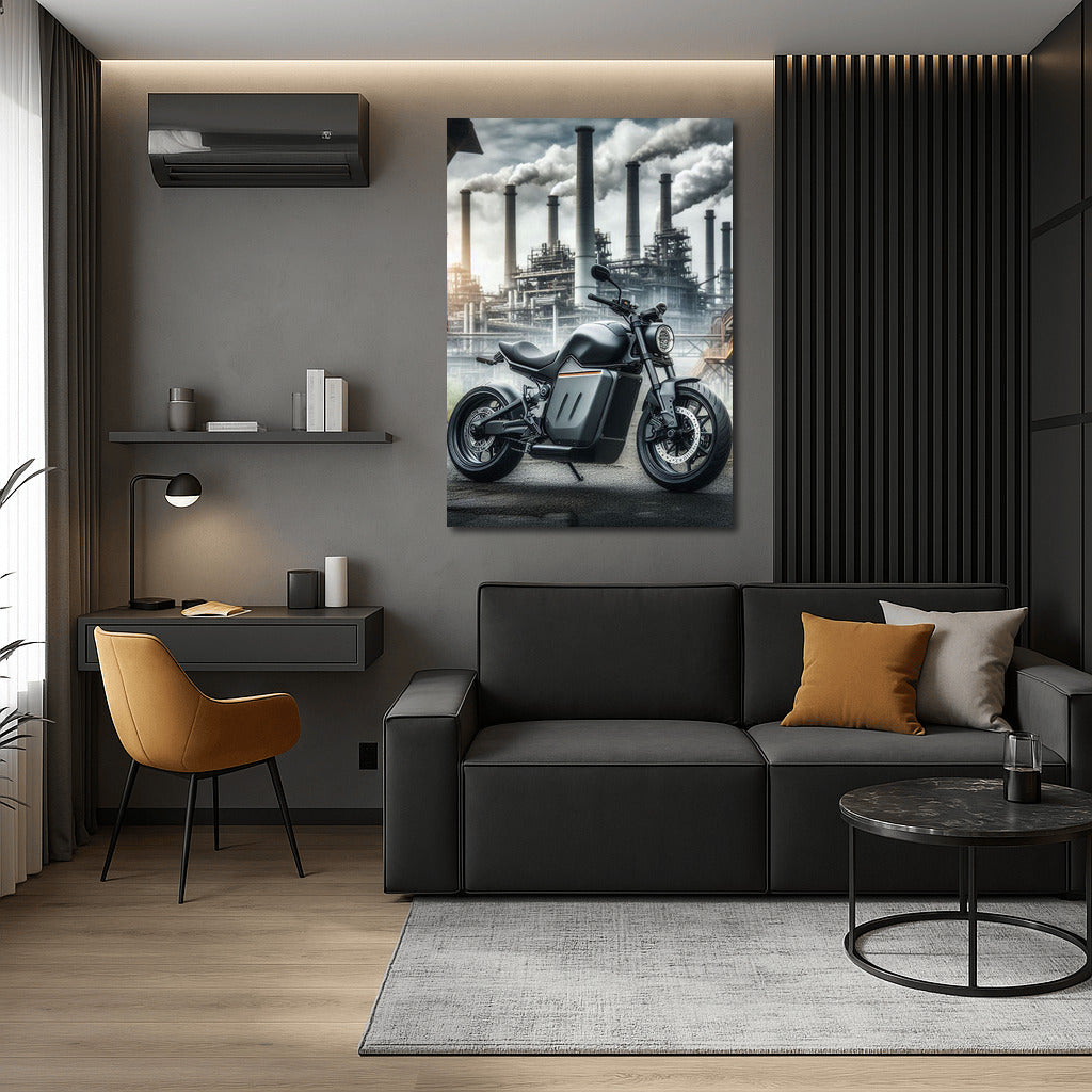 Electric Motorcycle in Industrial Landscape: Technological Energy