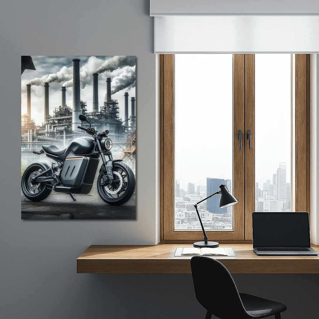 Electric Motorcycle in Industrial Landscape: Technological Energy