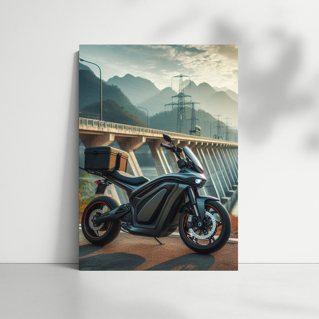 Speed Energy: Electric Motorcycle Against Dam Backdrop