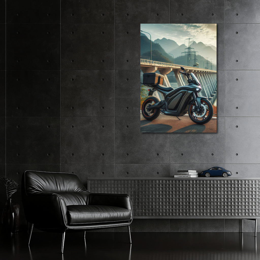 Speed Energy: Electric Motorcycle Against Dam Backdrop