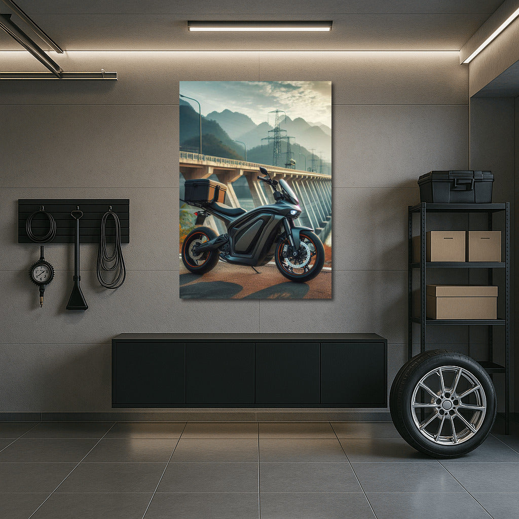 Speed Energy: Electric Motorcycle Against Dam Backdrop
