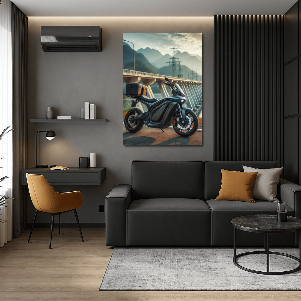 Speed Energy: Electric Motorcycle Against Dam Backdrop