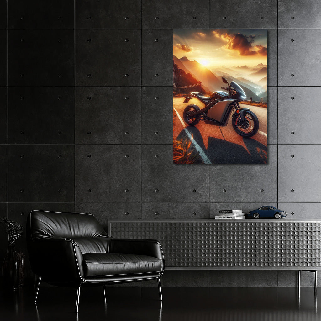 Sunset Wind: Electric Motorcycle on Mountain Road