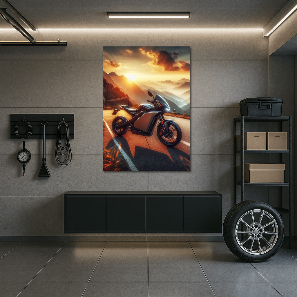 Sunset Wind: Electric Motorcycle on Mountain Road