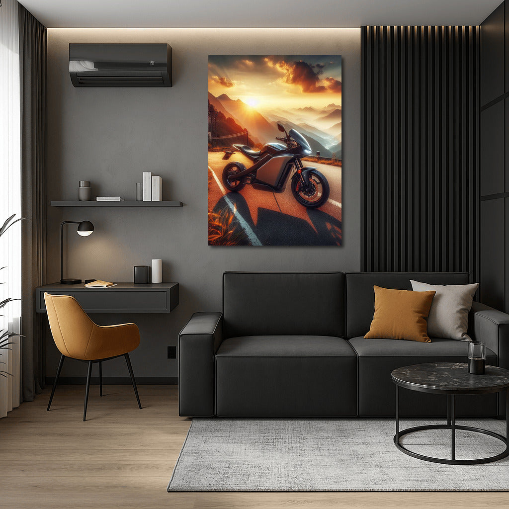 Sunset Wind: Electric Motorcycle on Mountain Road