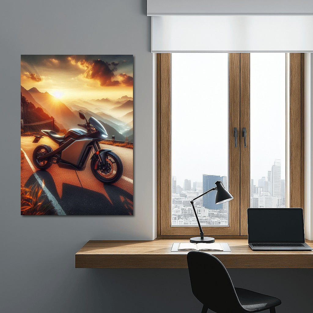 Sunset Wind: Electric Motorcycle on Mountain Road