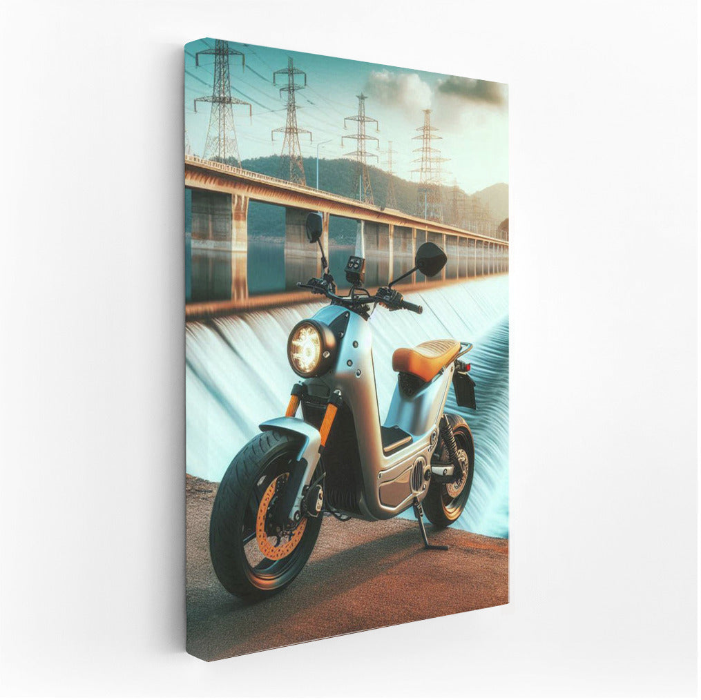 Electric Motorcycle with Dam in the Background: Speed and Nature