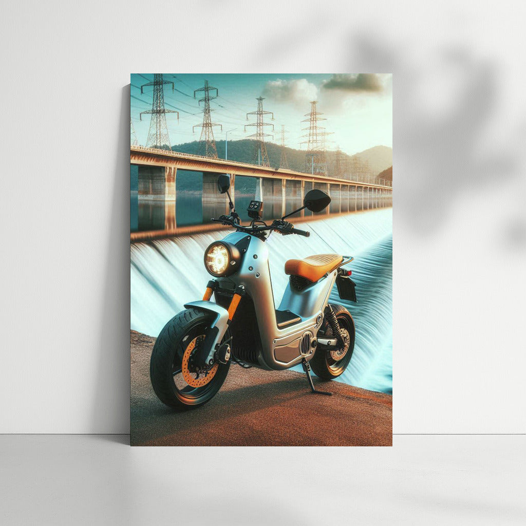 Electric Motorcycle with Dam in the Background: Speed and Nature