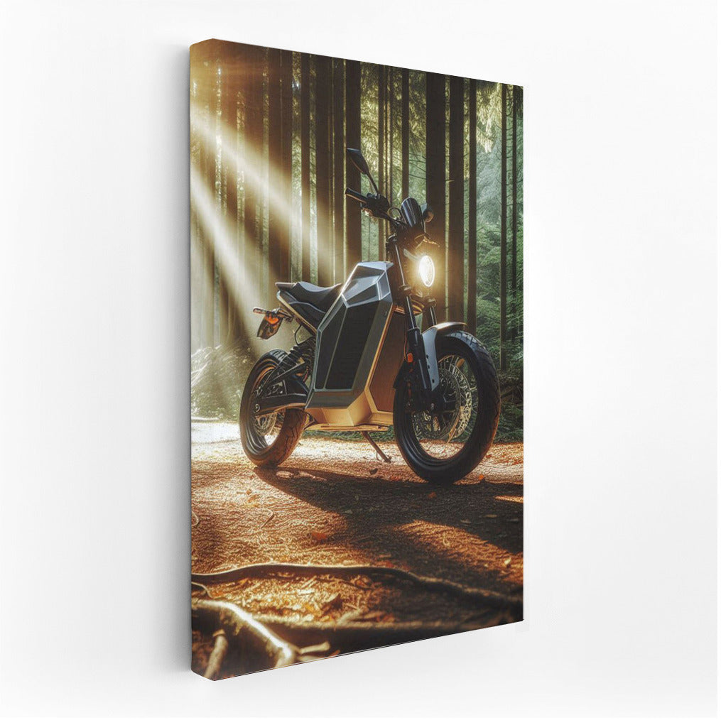 Electric Motorcycle in the Sunny Forest: Freedom and Style on the Forest Trail