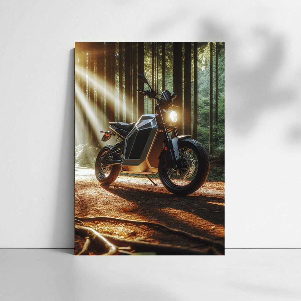 Electric Motorcycle in the Sunny Forest: Freedom and Style on the Forest Trail