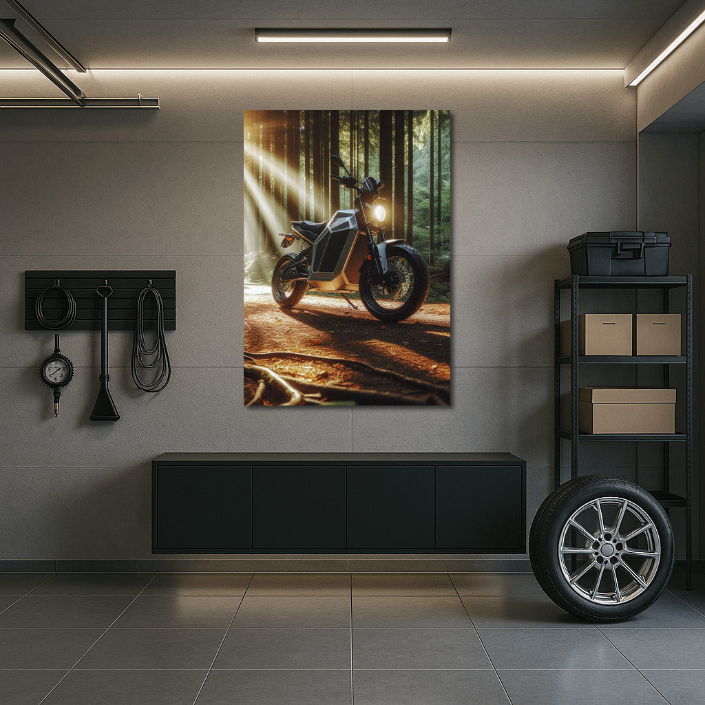 Electric Motorcycle in the Sunny Forest: Freedom and Style on the Forest Trail