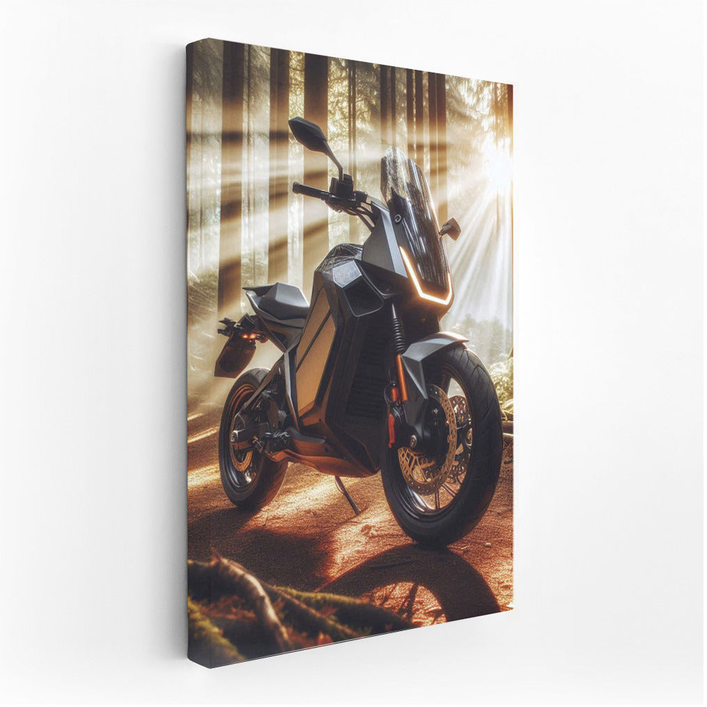 Electric Motorcycle on a Sunny Forest Trail: Adventure in the Rays of Nature