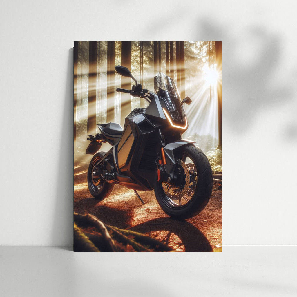 Electric Motorcycle on a Sunny Forest Trail: Adventure in the Rays of Nature