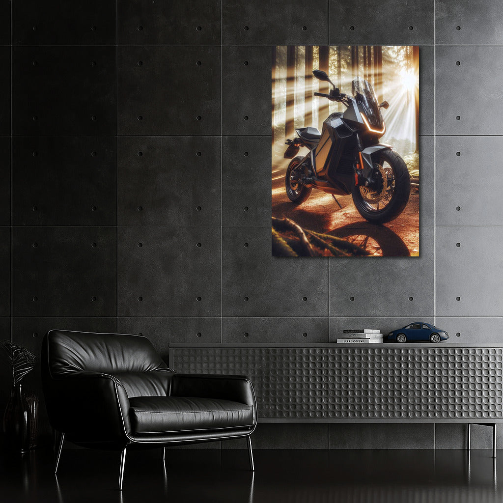 Electric Motorcycle on a Sunny Forest Trail: Adventure in the Rays of Nature