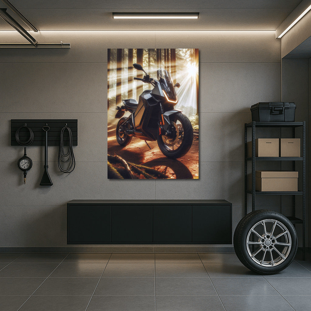 Electric Motorcycle on a Sunny Forest Trail: Adventure in the Rays of Nature