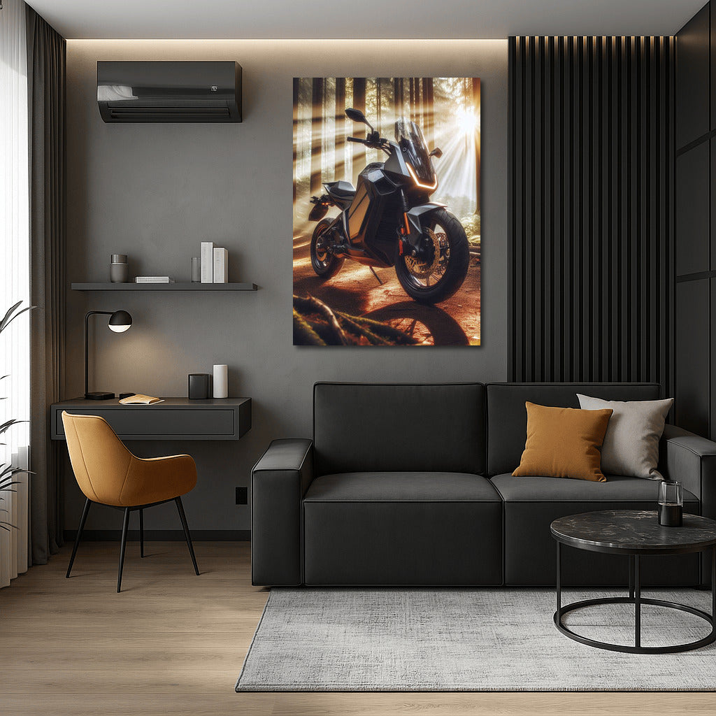 Electric Motorcycle on a Sunny Forest Trail: Adventure in the Rays of Nature