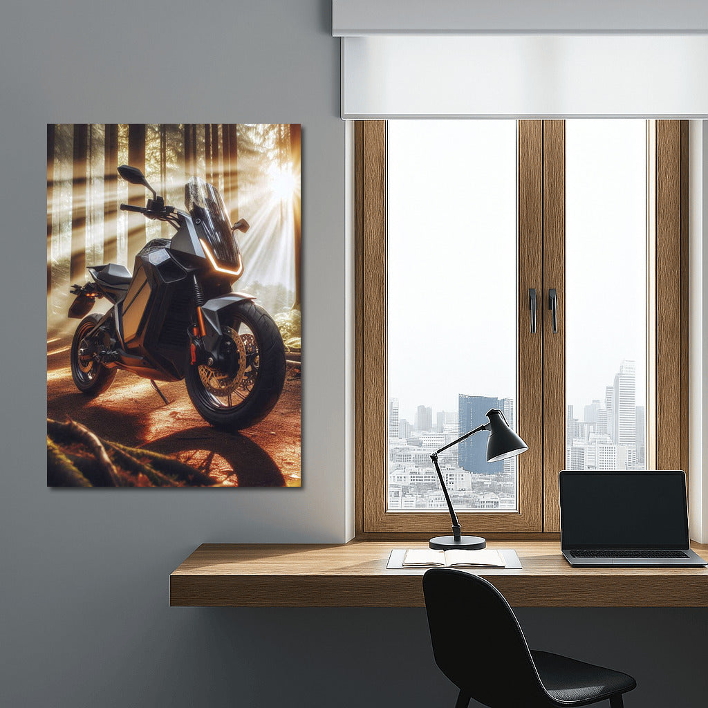 Electric Motorcycle on a Sunny Forest Trail: Adventure in the Rays of Nature