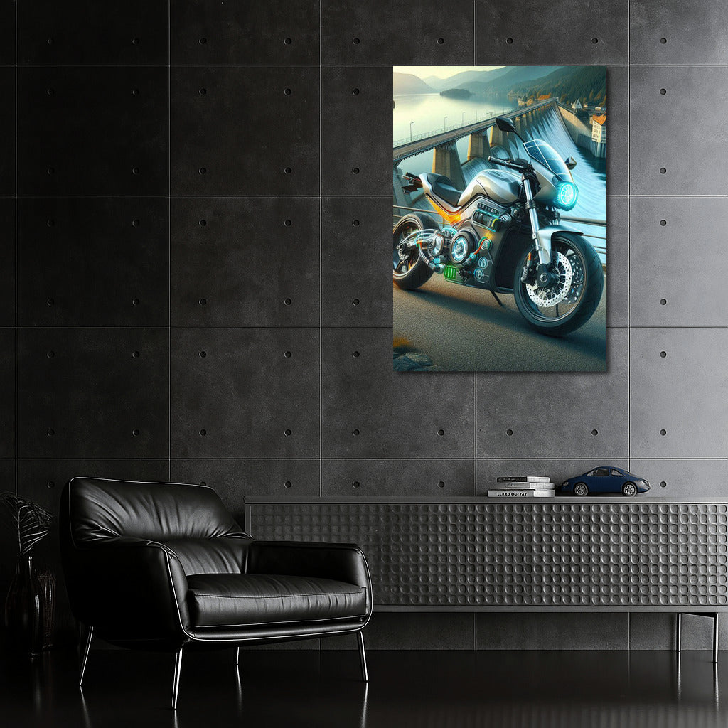 Electric motorcycle on the dam: a symphony of speed and nature