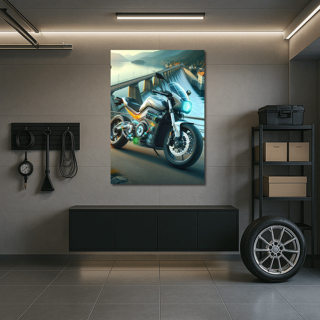 Electric motorcycle on the dam: a symphony of speed and nature