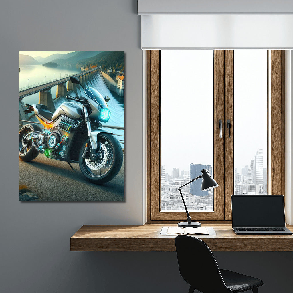 Electric motorcycle on the dam: a symphony of speed and nature