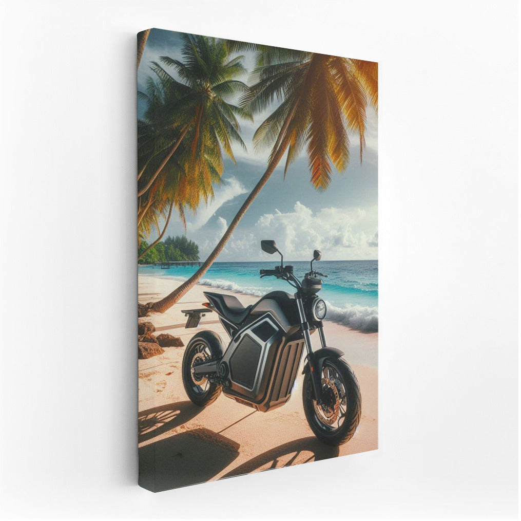 Electric Motorcycle on the Tropical Beach: Speed and Nature