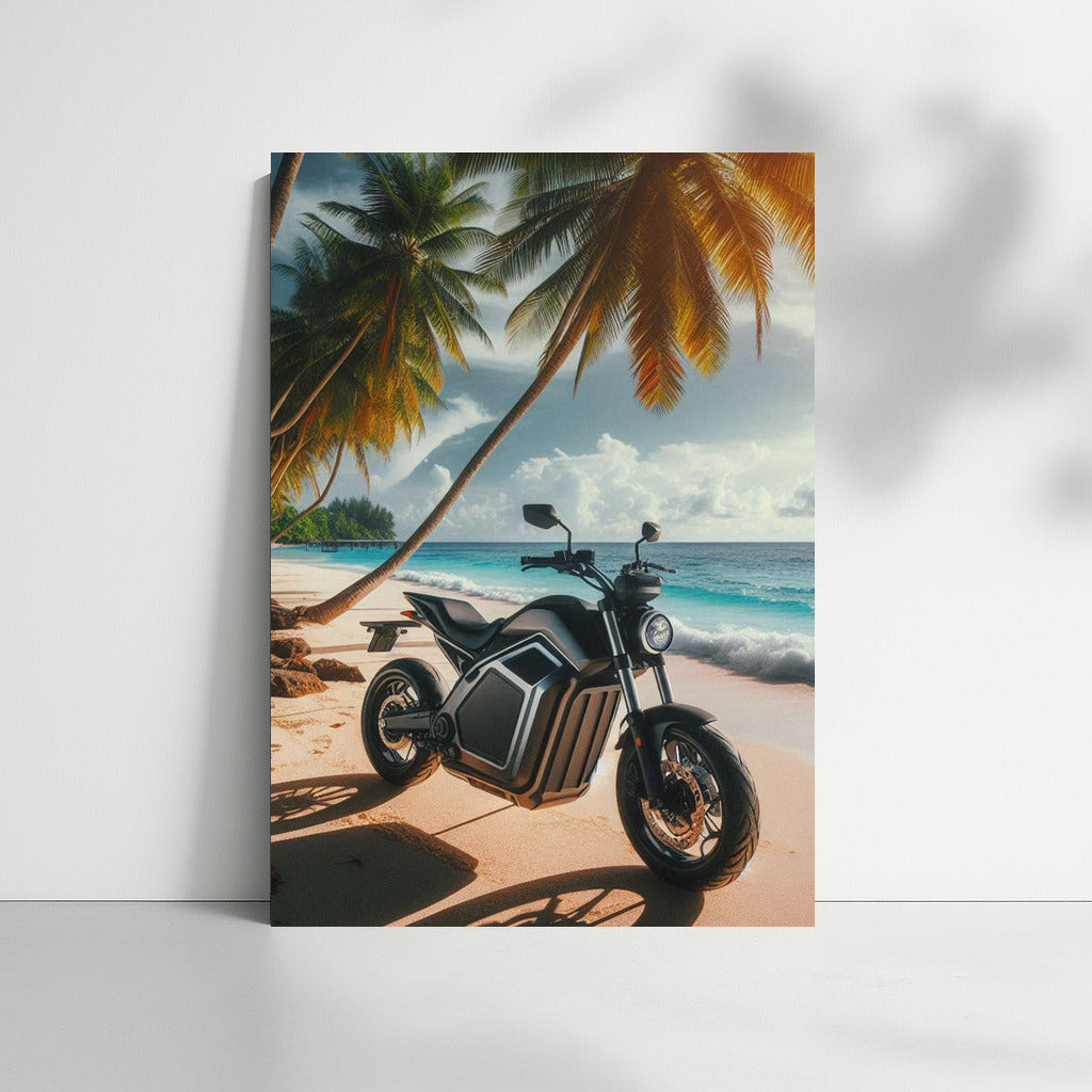 Electric Motorcycle on the Tropical Beach: Speed and Nature